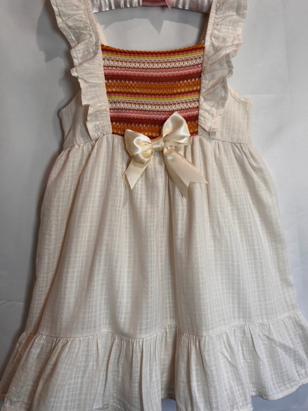 Cream Ruffled Sundress with Multicolor Smocked Bodice - Kids